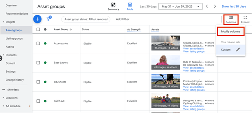 Modify columns within an asset group