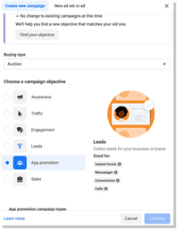 Instant forms, Messenger, Conversions, and Calls